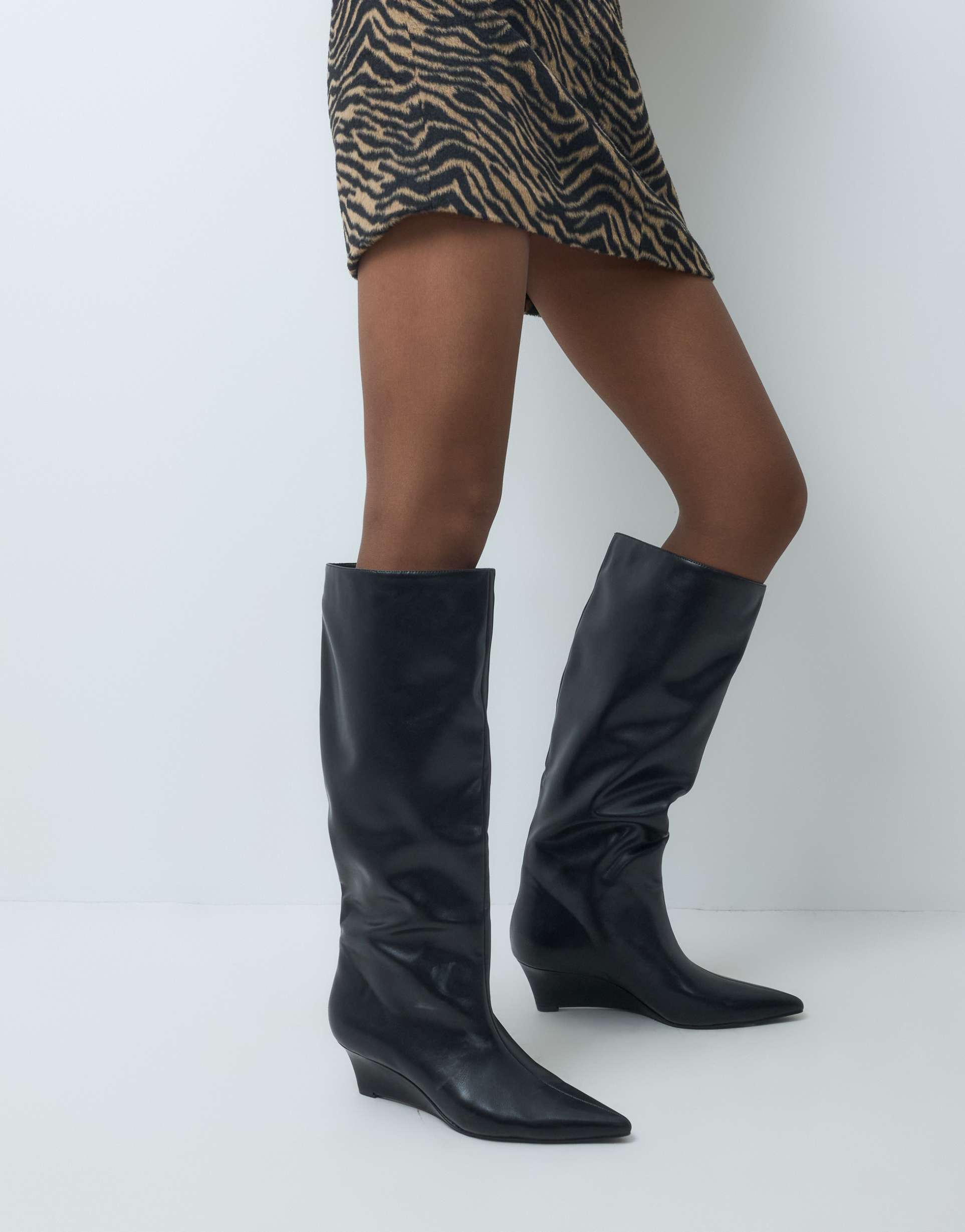 ASOS home SEQWL Wide Fit refined wedge knee boots in black