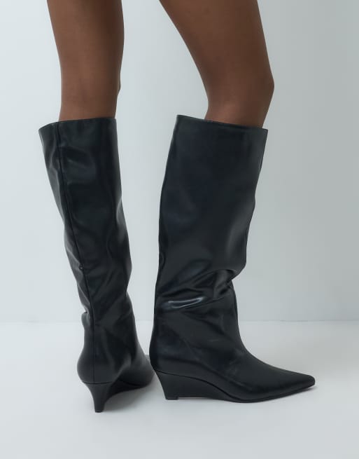 SEQWL Wide Fit refined wedge knee boots in black, 2 of 4