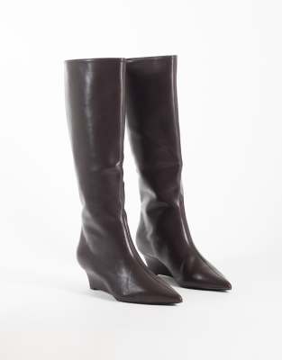 Seqwl Wide Fit Refined Wedge Knee Boots In Brown