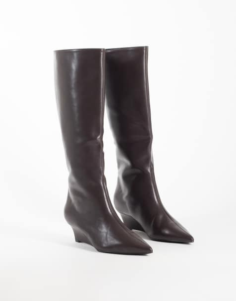 SEQWL Wide Fit refined wedge knee boots in chocolate brown - view 1