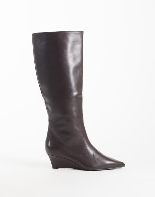 SEQWL Wide Fit refined wedge knee boots in chocolate brown, 2 of 4
