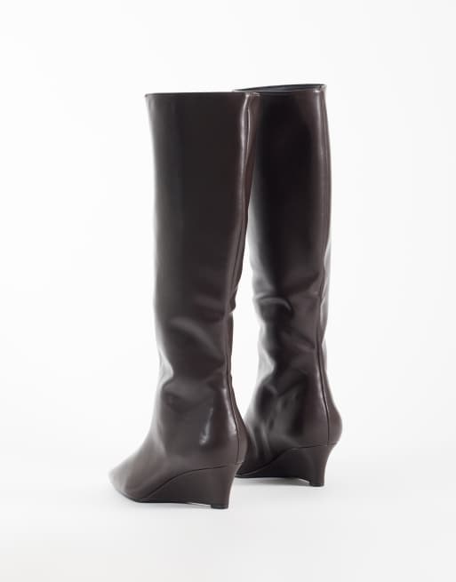 SEQWL Wide Fit refined wedge knee boots in chocolate brown, 4 of 4