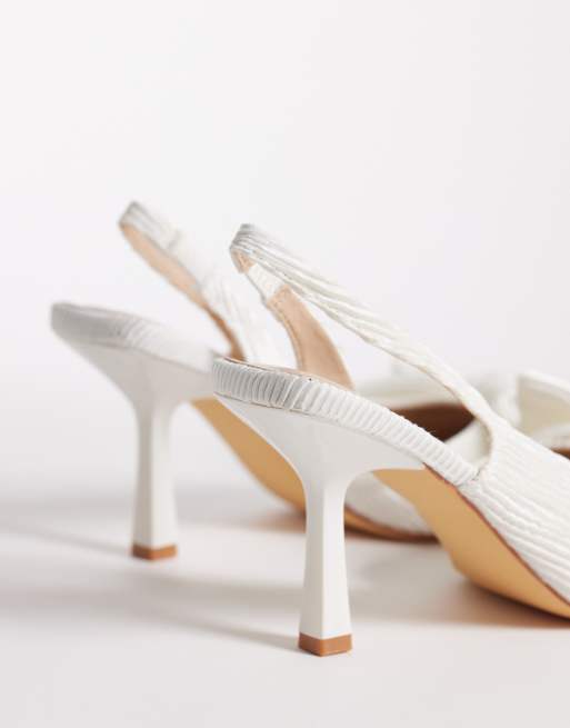 SEQWL Wide Fit Salado slingback block heeled shoes with bow detailing in white, 4 of 4