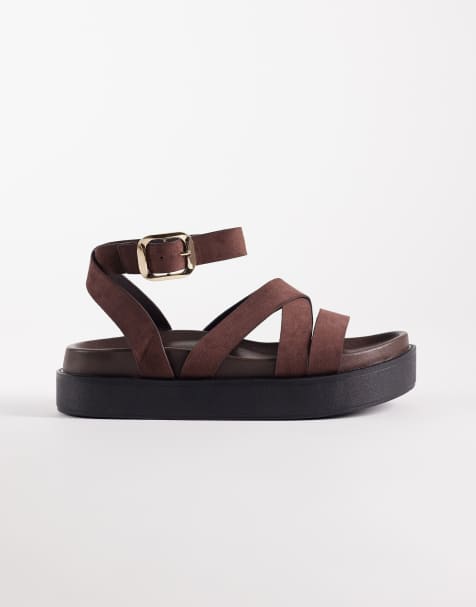 SEQWL Wide Fit - Sandali flatform a pianta larga con fascette sottili in camoscio sintetico marrone - view 1