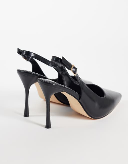 SEQWL Wide Fit sling back pointed stiletto heeled shoes in black faux leather, 3 of 4