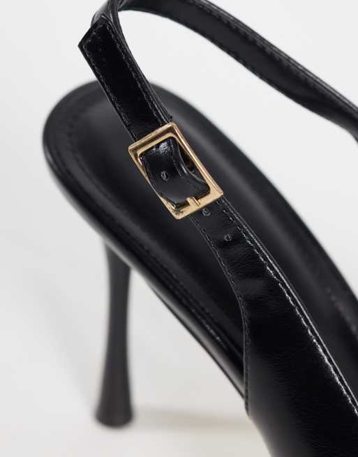 SEQWL Wide Fit sling back pointed stiletto heeled shoes in black faux leather, 4 of 4