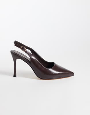 Seqwl Wide Fit Sling Back Pointed Stiletto Heeled Shoes In Brown