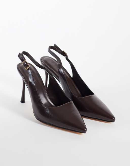SEQWL Wide Fit slingback pointed toe stiletto heel pumps in brown faux leather, 2 of 4