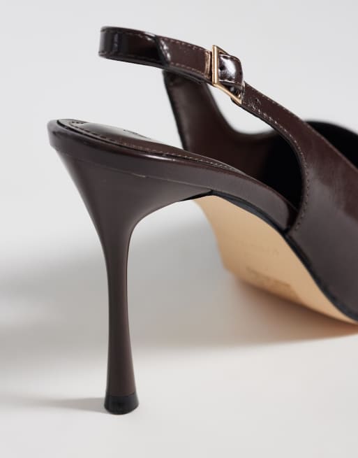 SEQWL Wide Fit slingback pointed toe stiletto heel pumps in brown faux leather, 3 of 4