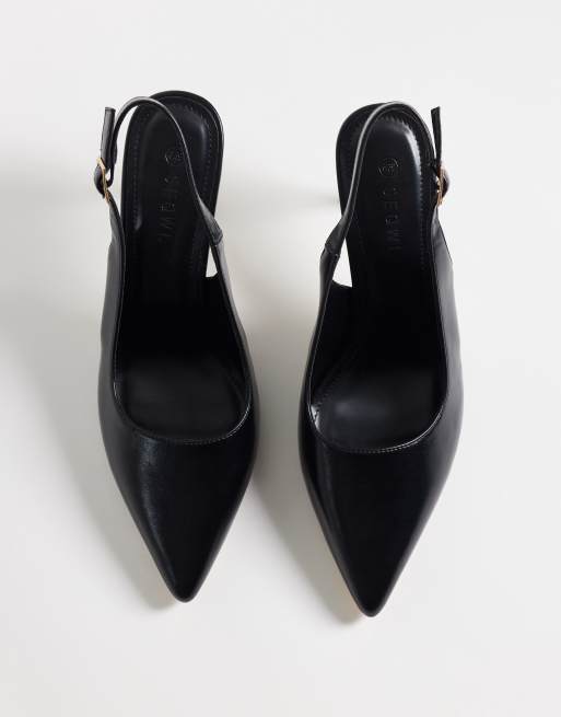 SEQWL Wide Fit slingback pointed toe stiletto heeled pumps in black faux leather, 2 of 4