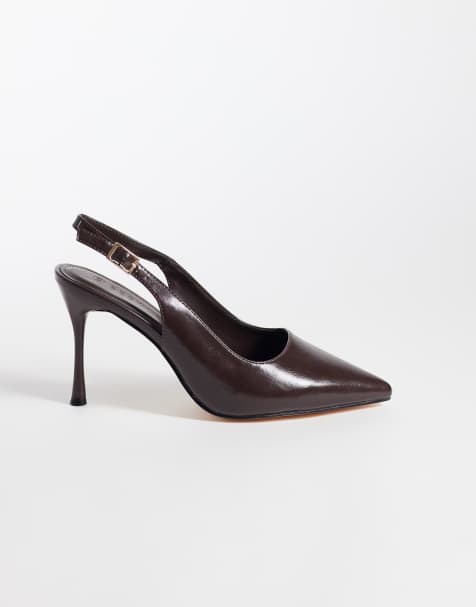 SEQWL Wide Fit slingback-sko med spids tå og stiletthæl i brun imiteret læder - view 1