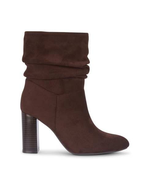 SEQWL Wide Fit Slouch ankle booties zipped block high heel with almond toe in chocolate - view 1
