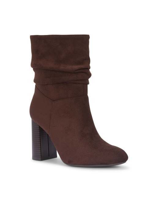 SEQWL Wide Fit Slouch ankle booties zipped block high heel with almond toe in chocolate, 2 of 2