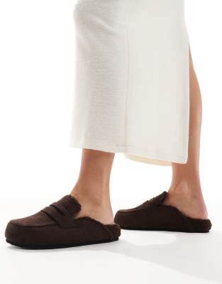Seqwl Wide Fit Soda Faux Fur Lined Mules In Brown