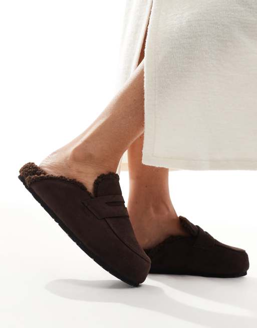 SEQWL Wide Fit Soda faux fur lined mules in chocolate