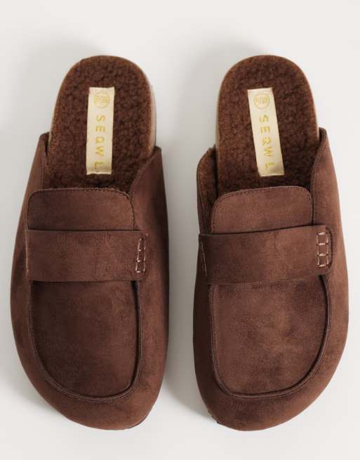 SEQWL Wide Fit Soda faux fur lined slip on loafer mules in brown, 2 of 4