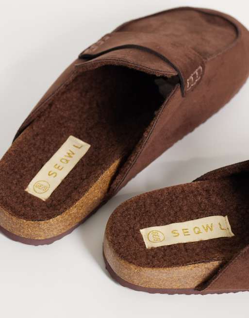 SEQWL Wide Fit Soda faux fur lined slip on loafer mules in brown, 3 of 4