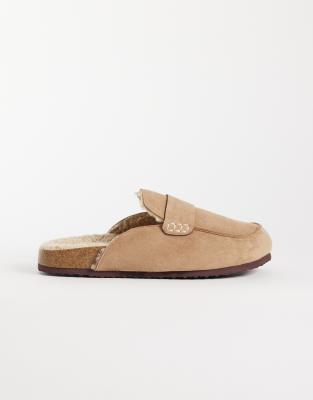 Seqwl Wide Fit Soda Faux Fur Lined Slip On Loafer Mules In Neutral