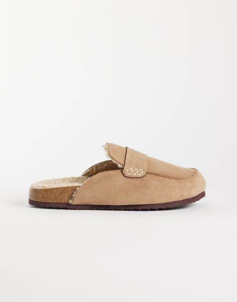 SEQWL Wide Fit Soda faux fur lined slip on loafer mules in Taupe - view 1