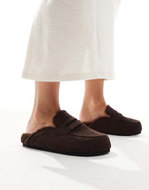 SEQWL Wide Fit Soda fur lined mules in chocolate - view 1