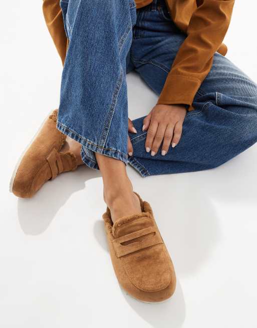 SEQWL Wide Fit Soda fur lined mules in taupe