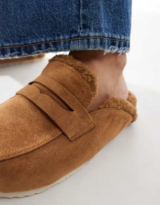 SEQWL Wide Fit Soda fur lined mules in taupe