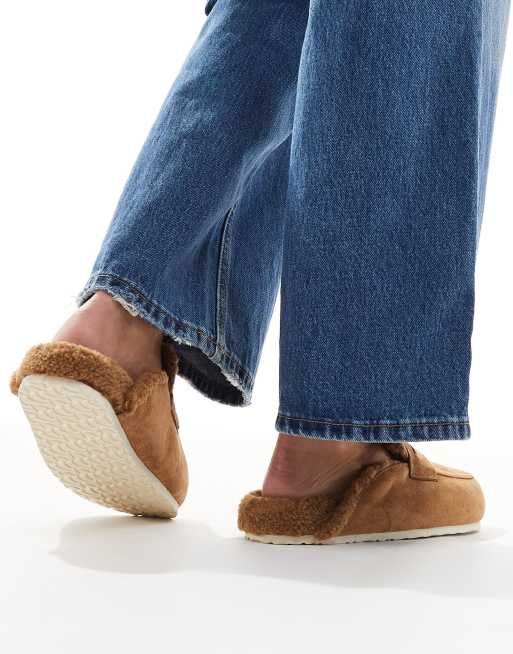 SEQWL Wide Fit Soda fur lined mules in taupe