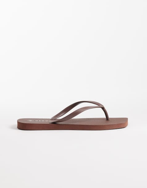SEQWL Wide Fit square toe thongs in brown - view 1