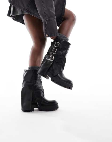 SEQWL Wide Fit Stella buckle detail chunky boots in black - view 1