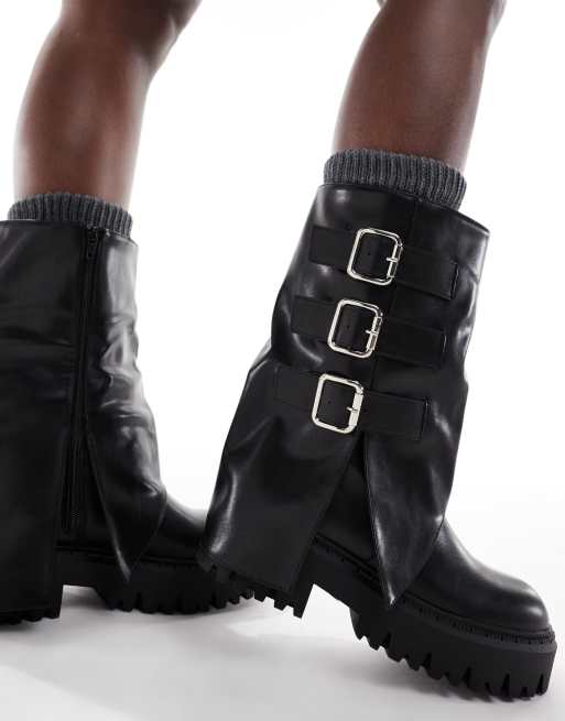 SEQWL Wide Fit Stella buckle detail chunky boots in black