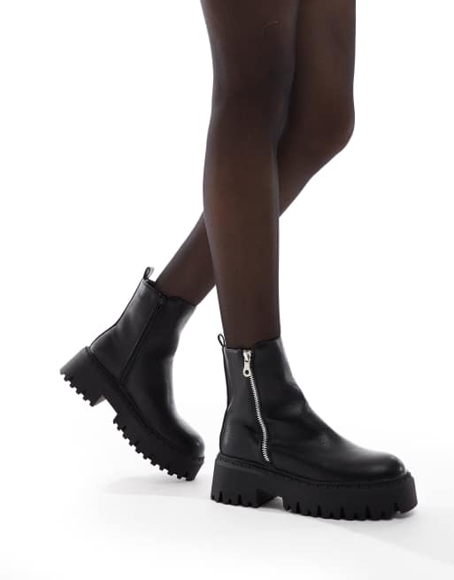 SEQWL Wide Fit Stella zip detail chunky boots in black