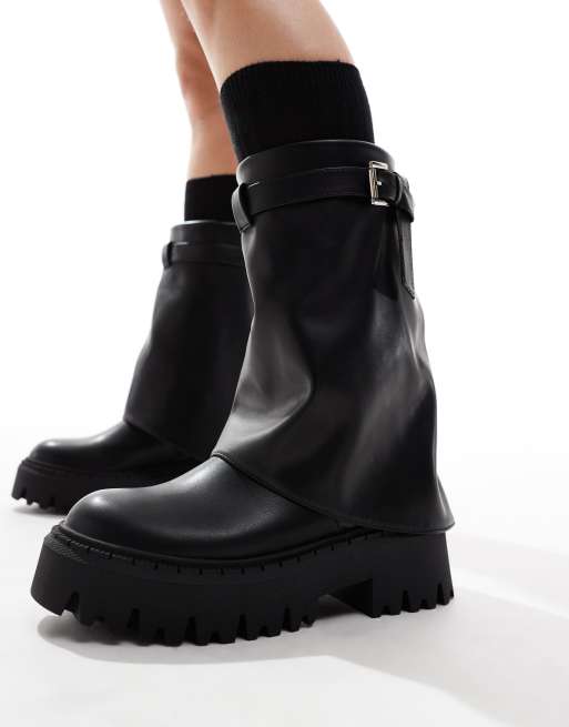 SEQWL Wide Fit – Stiefel in Schwarz mit dicker Sohle und umgeschlagenem Schaft, weite Passform, 3 von 4
