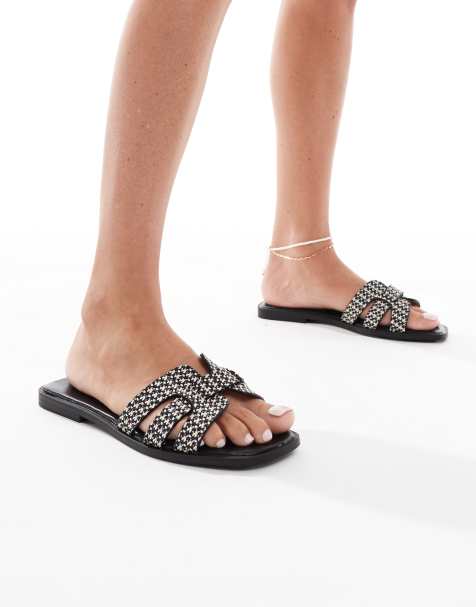 SEQWL Wide Fit – Stork – Czarne płaskie sandały z rafii - view 1