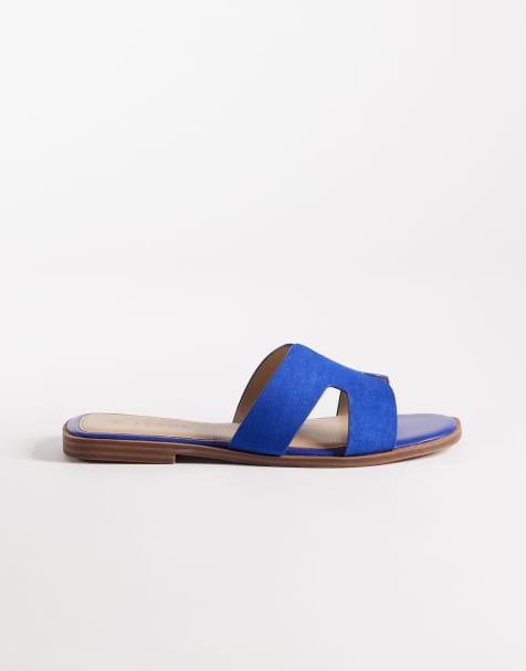 SEQWL Wide Fit – Storke – Blå, platta sandaler i mockaimitation med bred passform - view 1