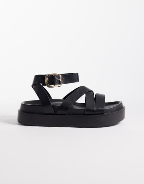 SEQWL Wide Fit strappy flat sandals in black PU - view 1