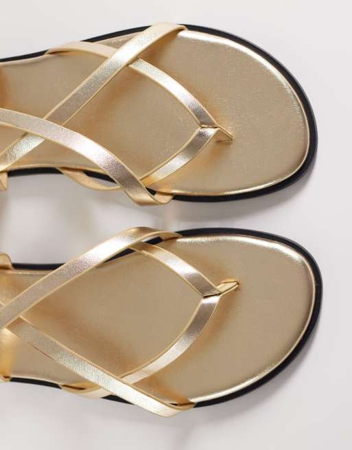 SEQWL Wide Fit strappy flat sandals with buckle detail in gold, 2 of 4