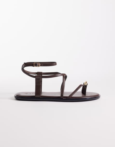 SEQWL Wide Fit strappy flat sandals with gold-tone embellishments in brown - view 1