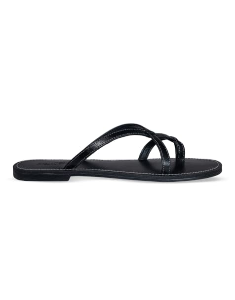 SEQWL Wide Fit Strappy flat thong slides leather look minimalist sandals in black - view 1