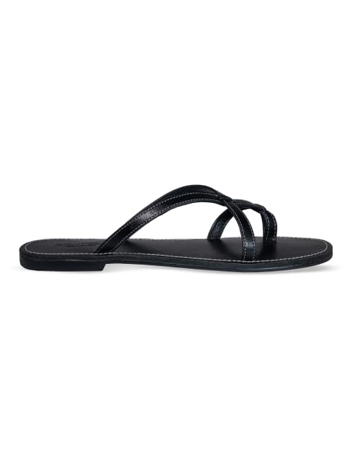 SEQWL Wide Fit Strappy flat thong slides leather look minimalist sandals in black, 3 of 5