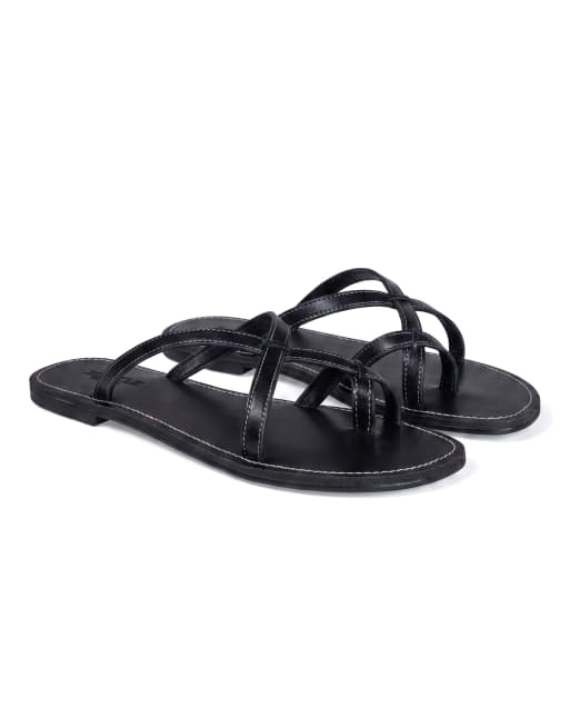 SEQWL Wide Fit Strappy flat thong slides leather look minimalist sandals in black, 5 of 5