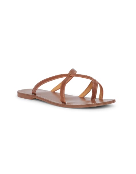 SEQWL Wide Fit Strappy flat thong slides leather look minimalist sandals in tan - view 1