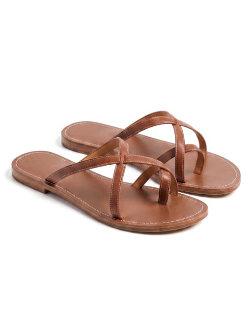 SEQWL Wide Fit Strappy flat thong slides leather look minimalist sandals in tan, 5 of 5