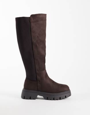 Seqwl Wide Fit Twirl Faux Suede Chunky Knee Boots In Brown
