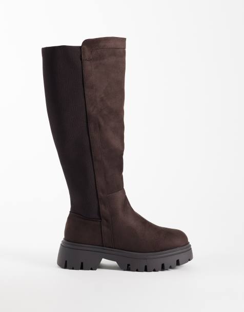 SEQWL Wide Fit Twirl faux suede chunky knee boots in chocolate brown - view 1