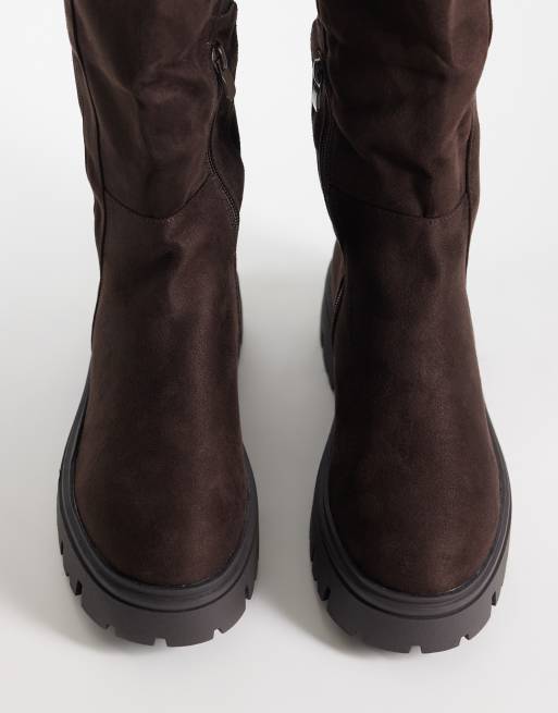 SEQWL Wide Fit Twirl faux suede chunky knee boots in chocolate brown, 2 of 4