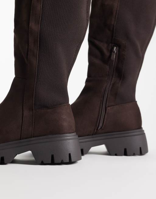 SEQWL Wide Fit Twirl faux suede chunky knee boots in chocolate brown, 4 of 4