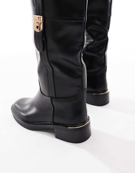 SEQWL Wide Fit Twix buckle detail refined riding boots in black, 2 of 4