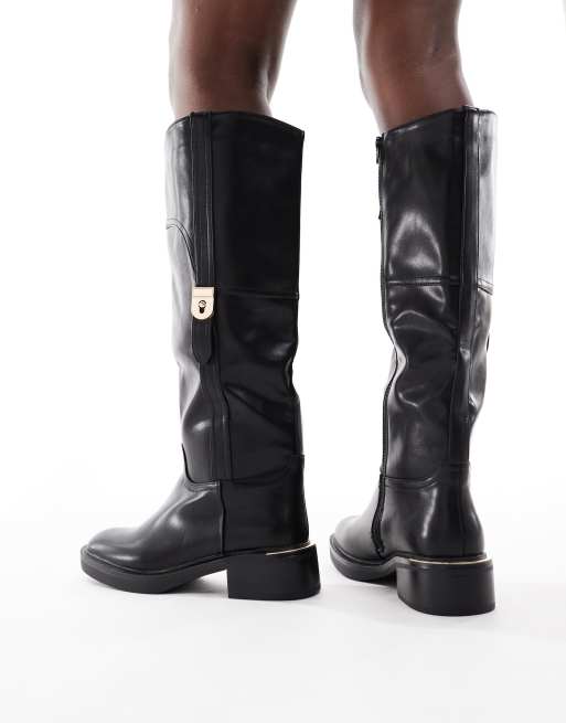 SEQWL Wide Fit Twix buckle detail refined riding boots in black, 3 of 4