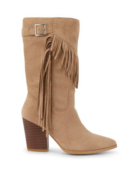 SEQWL Wide Fit Western cowboy calf boots block heel with side tassel detail in beige - view 1