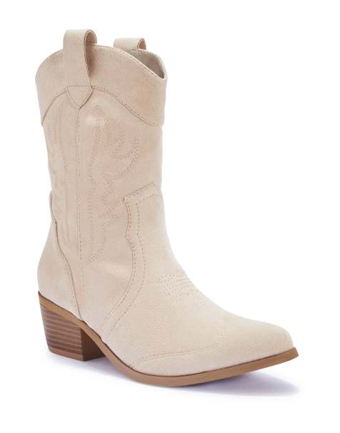 SEQWL Wide Fit Western cowboy mid calf boots with embroidered detail in beige - view 1